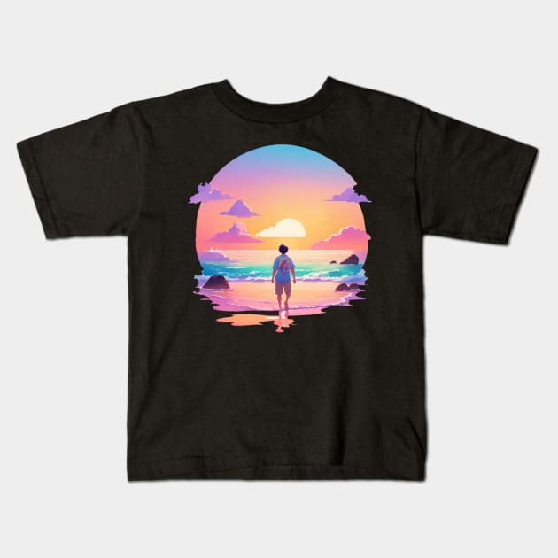 Man walking on the beach Kids T-Shirt by L'artiste Studio
